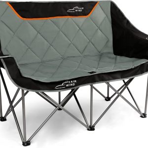 FAIR WIND Oversized Fully Padded Camping Chair Folding Loveseat Camping Couch Double Duo Chair Heavy Duty Quad Fold Arm Chair with Cup Hold – Supports 650 LBS Black